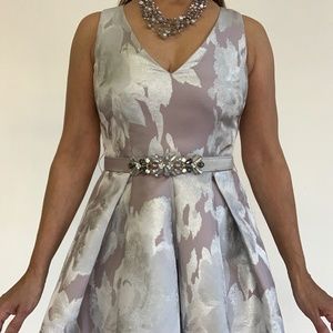 Short-long women's dress, taupe/silver, size 4.